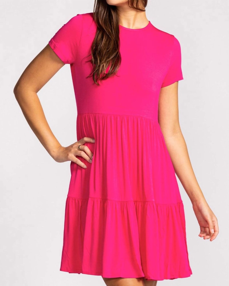 Front of a model wearing a size L Lola Dress in Fuchsia in Fuchsia by PINK MARTINI. | dia_product_style_image_id:342700